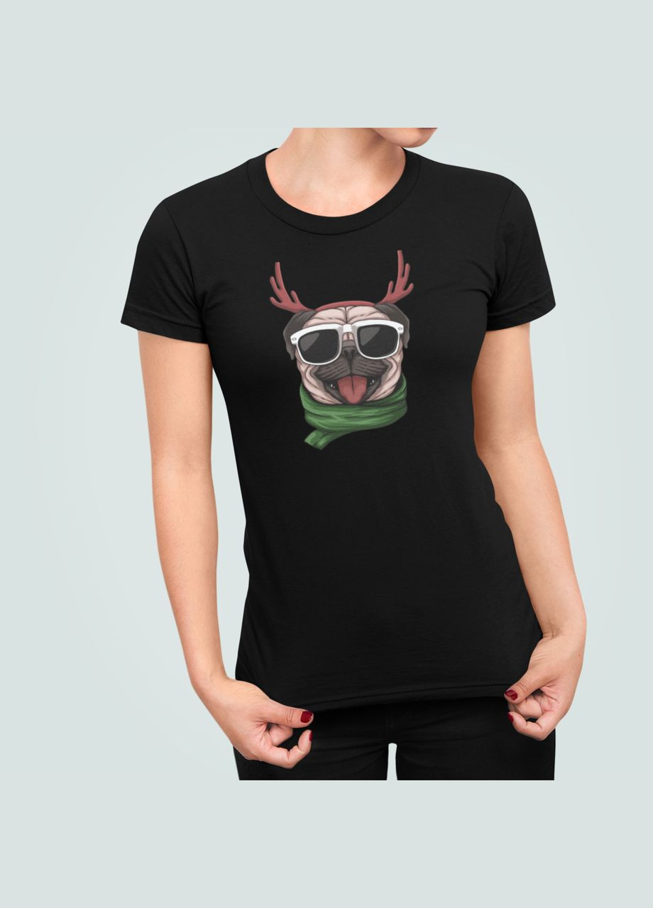 Жіноча Новорічна футболка з принтом Мопс новорічний в окулярах Stedman - (319682428)