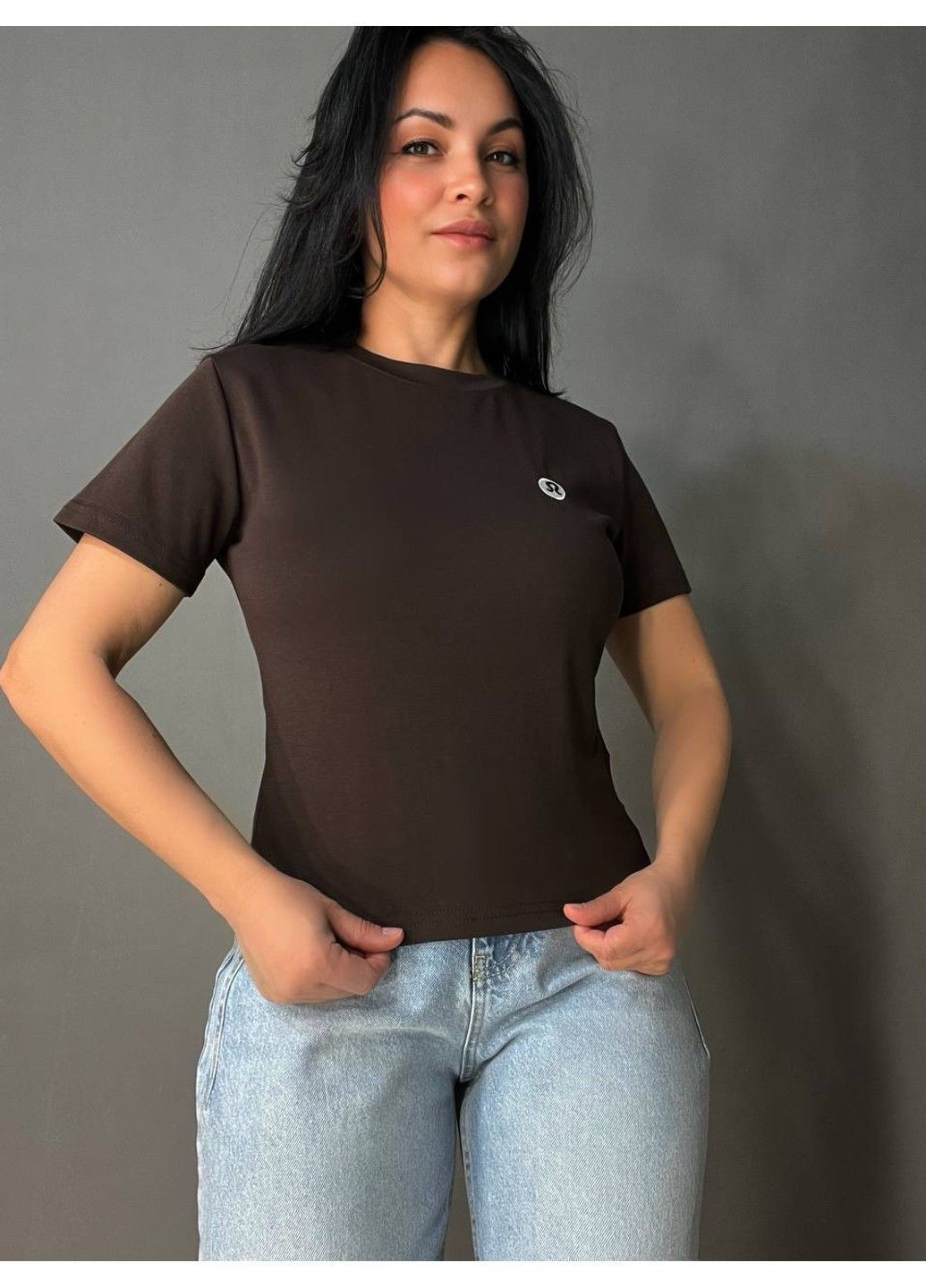 Футболка женская A-N 26048 базовая средняя длина классическая вышивка омега No Brand - (331328997)