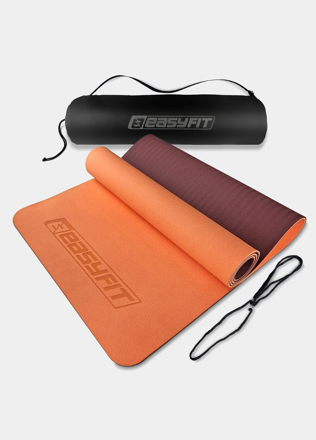 Килимок для йоги та фітнесу TPE+TC 6 мм двошаровий + Чохол персиковий-коричневий EasyFit (345714696)