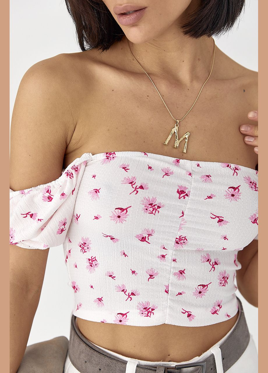 Біла блуза-топ у квіточку з рукавами-ліхтариками Lurex