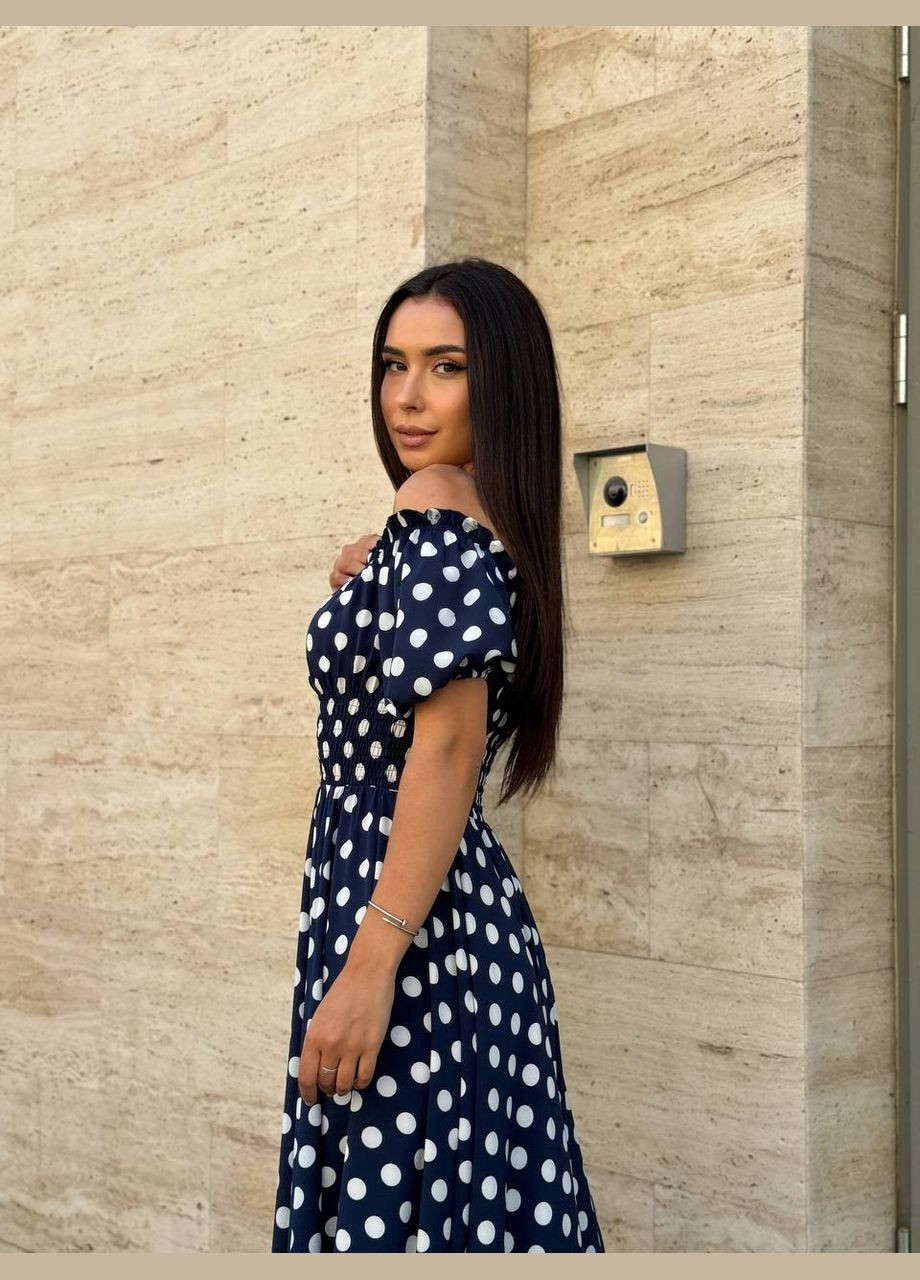 Темно-синя повсякденний, вечірня, кежуал жіноча сукня з відкритими плечима Style Point з квітковим принтом