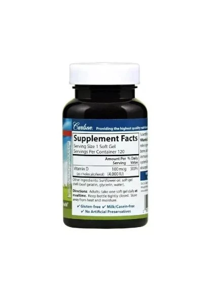 Вітамінно-мінеральний комплекс Вітамін D3, 4000 МО, Vitamin D3, 120 желатинових капсул (CL1431) Carlson Labs Витамин D3, 4000 МЕ, Vitamin D3, 120 желатиновых (401659057)