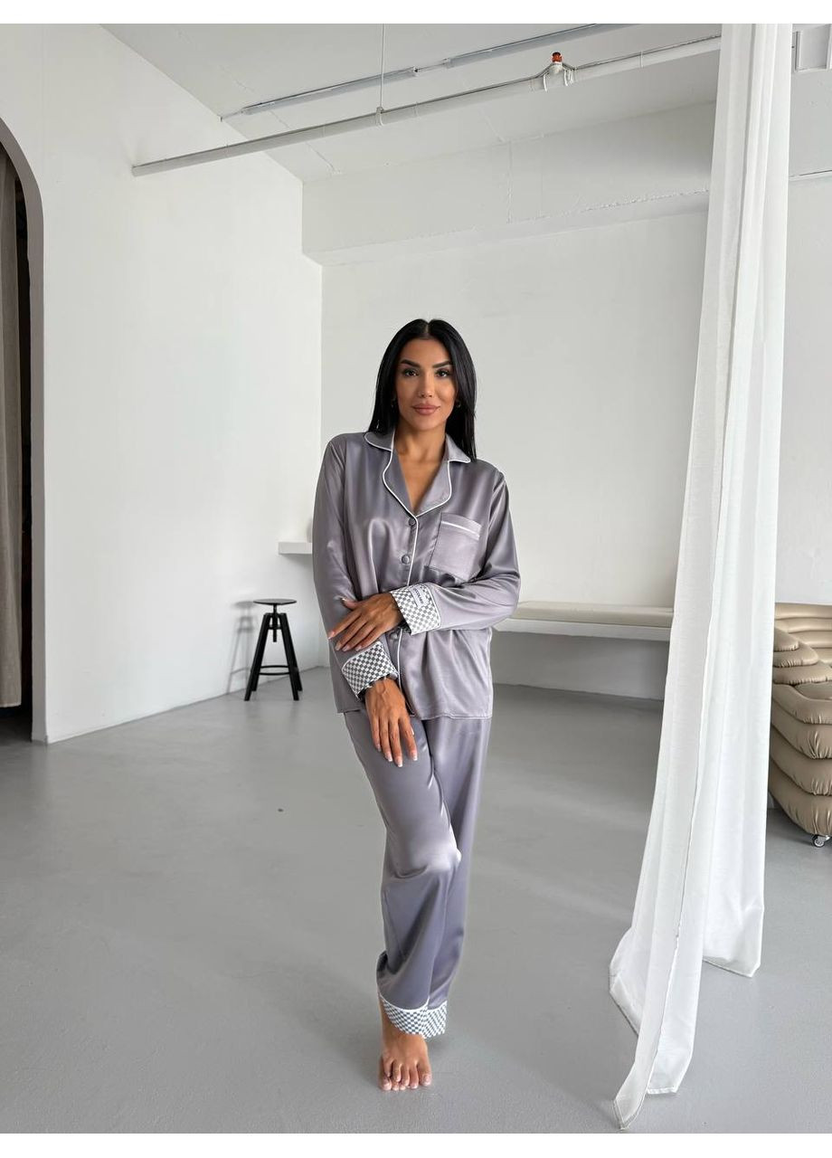 Сіра всесезон жіноча піжама сіра з окантовкою сорочка + брюки Vital-Textile 1292