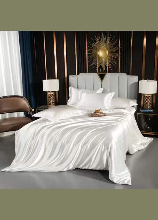 Постільна атласна білизна Полуторний 150 x 210 см Білий з простирадлом на гумці (В141402-10) No Brand (308755139)