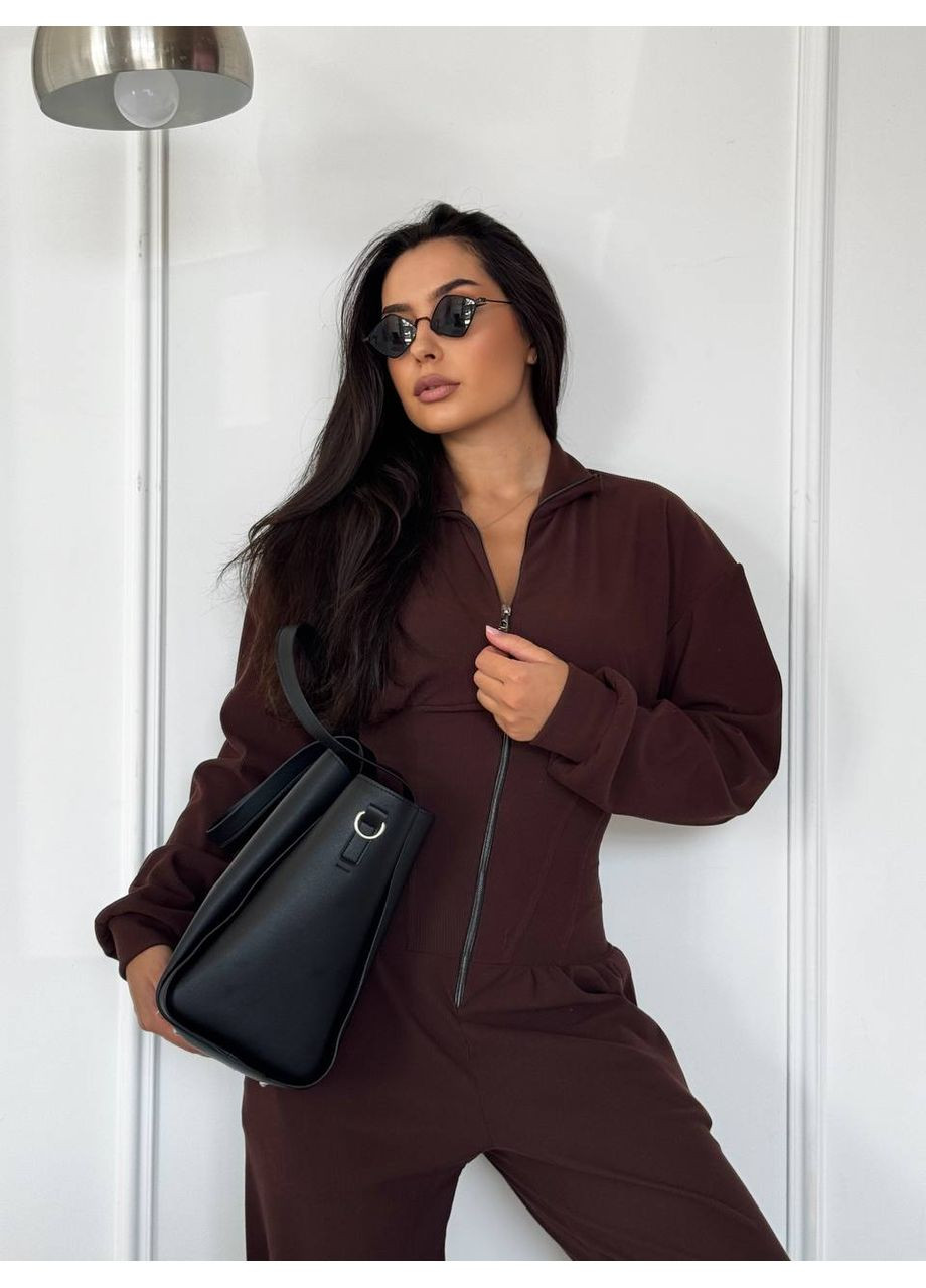 Удлиненный женский комбинезон в рубчик с начесом MonCher комбинезон-брюки тёмно-коричневый повседневный трикотаж с начесом