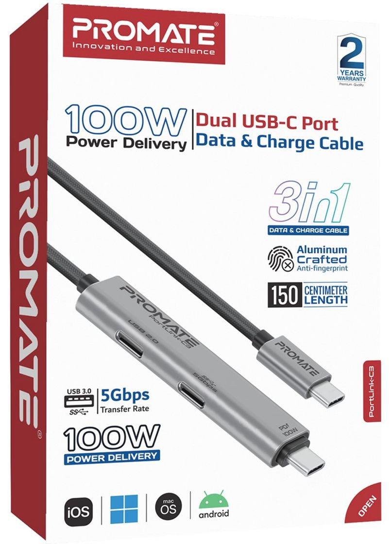 Кабель USB Type-C – USB Type-C (M/M), 5A, 100W, 1.5 м, Black (portlink-c3.black) Promate (341486021)