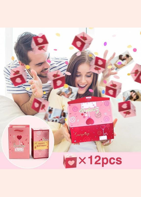 Подарочный праздничный набор сюрприз комплект комплект пакет коробка с вылетающими кубиками карточками 20шт. розовый No Brand Вітальний набір (317590262)