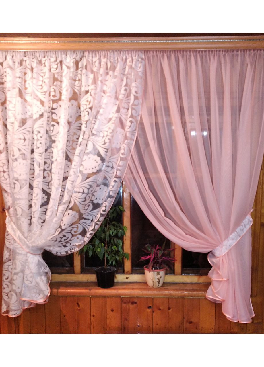 Фіранка коротка готова кухонна Вероніка персикова ельзас No Brand (372133790)