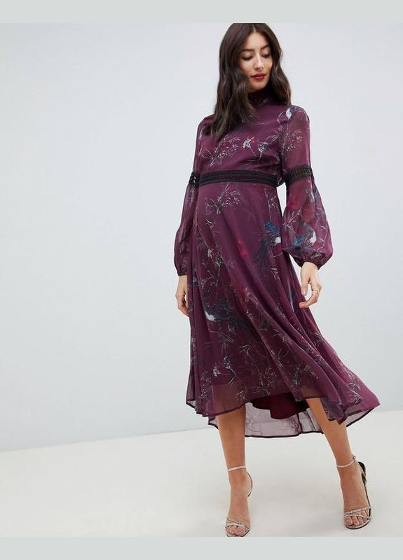 Бузкова сукня міді з довгими рукавами та hope & ivy maternity з принтом птахів Asos
