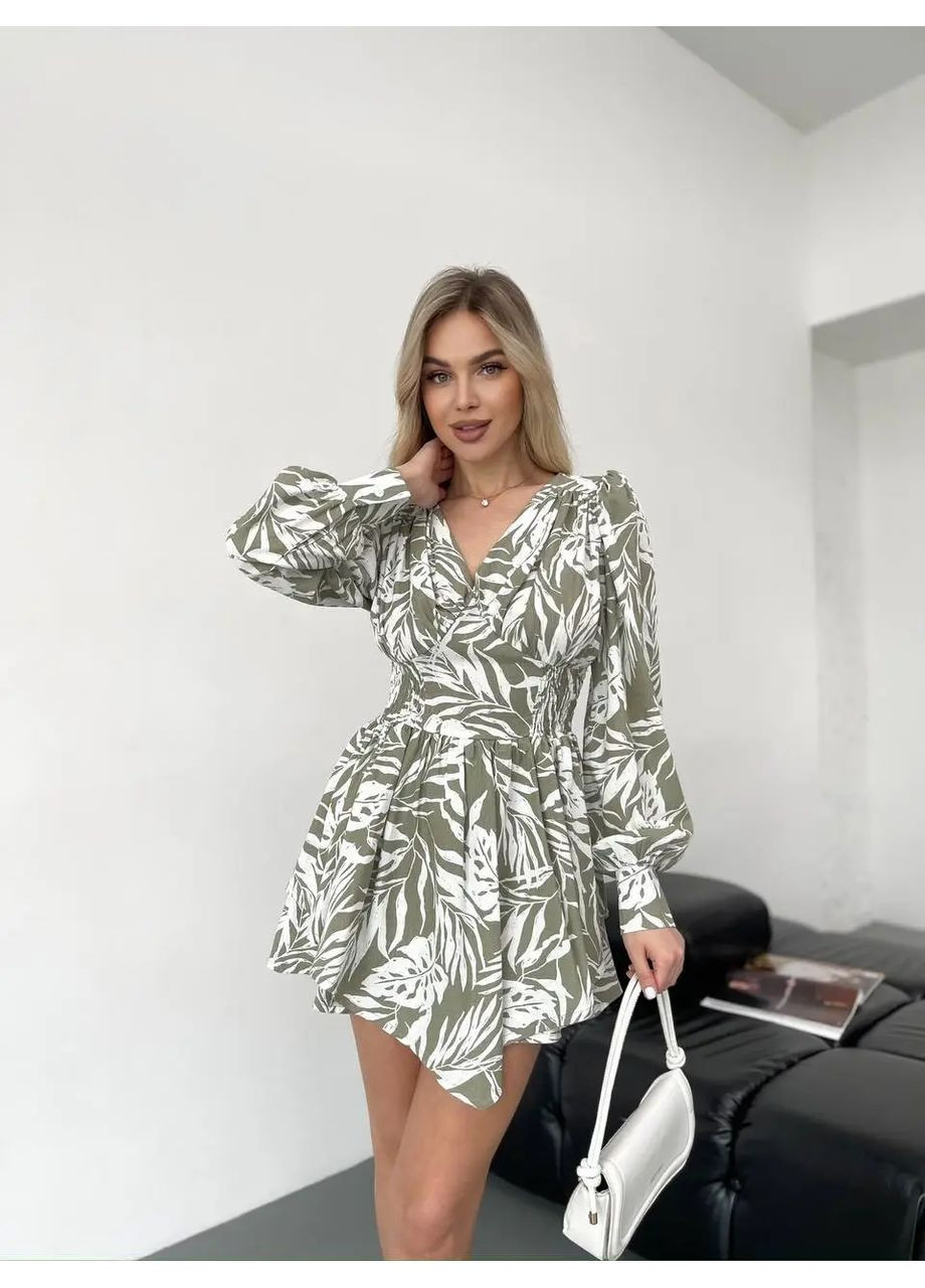 Оливковое платье-комбинезон принтованное No Brand