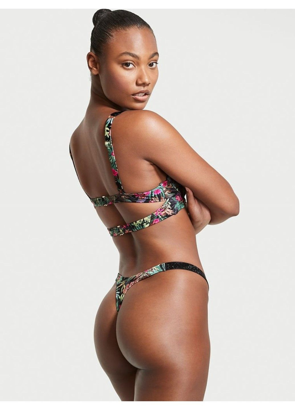 Комбинированный купальник shine strap wicked bikini top & brazilian bottom black palm раздельный Victoria's Secret
