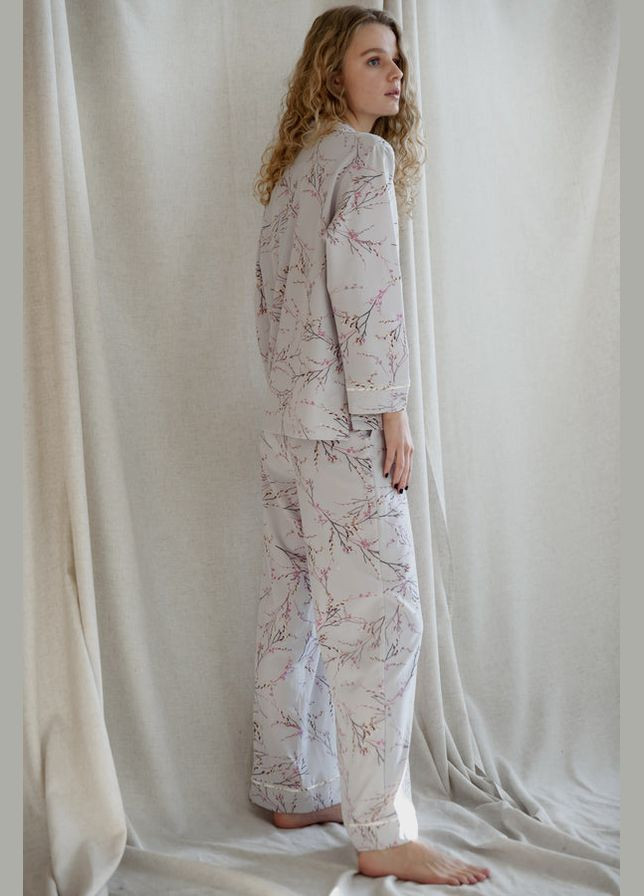 Фиолетовая всесезон пижама soft-шелк с цветами рубашка + брюки Silence 027 Lavender