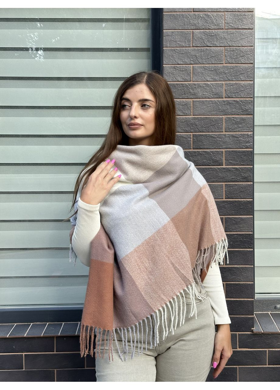 Хустка жіноча тепла в клітинку бежево-сіро-біла велика No Brand (359429703)