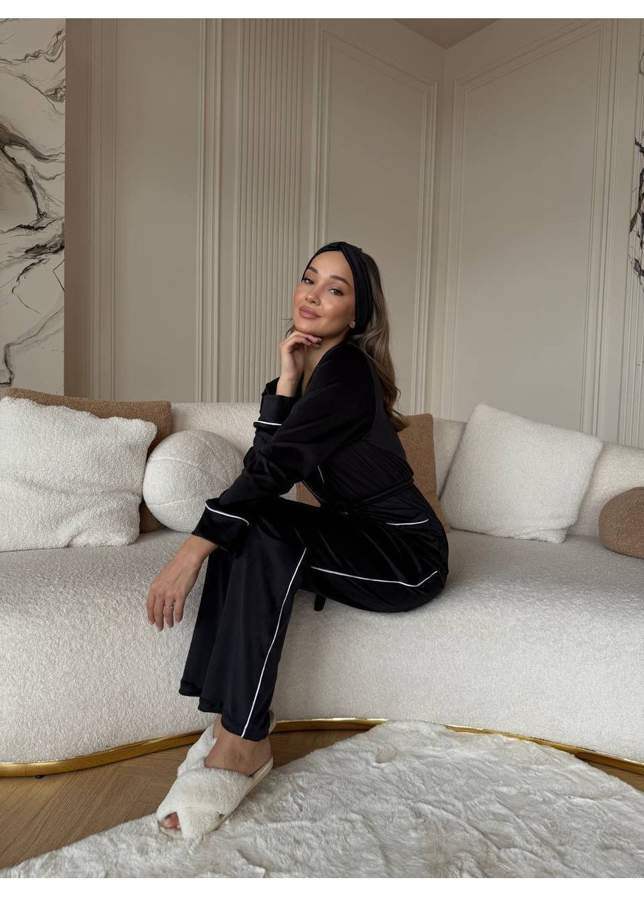 Черная женская пижама рубашка + брюки No Brand