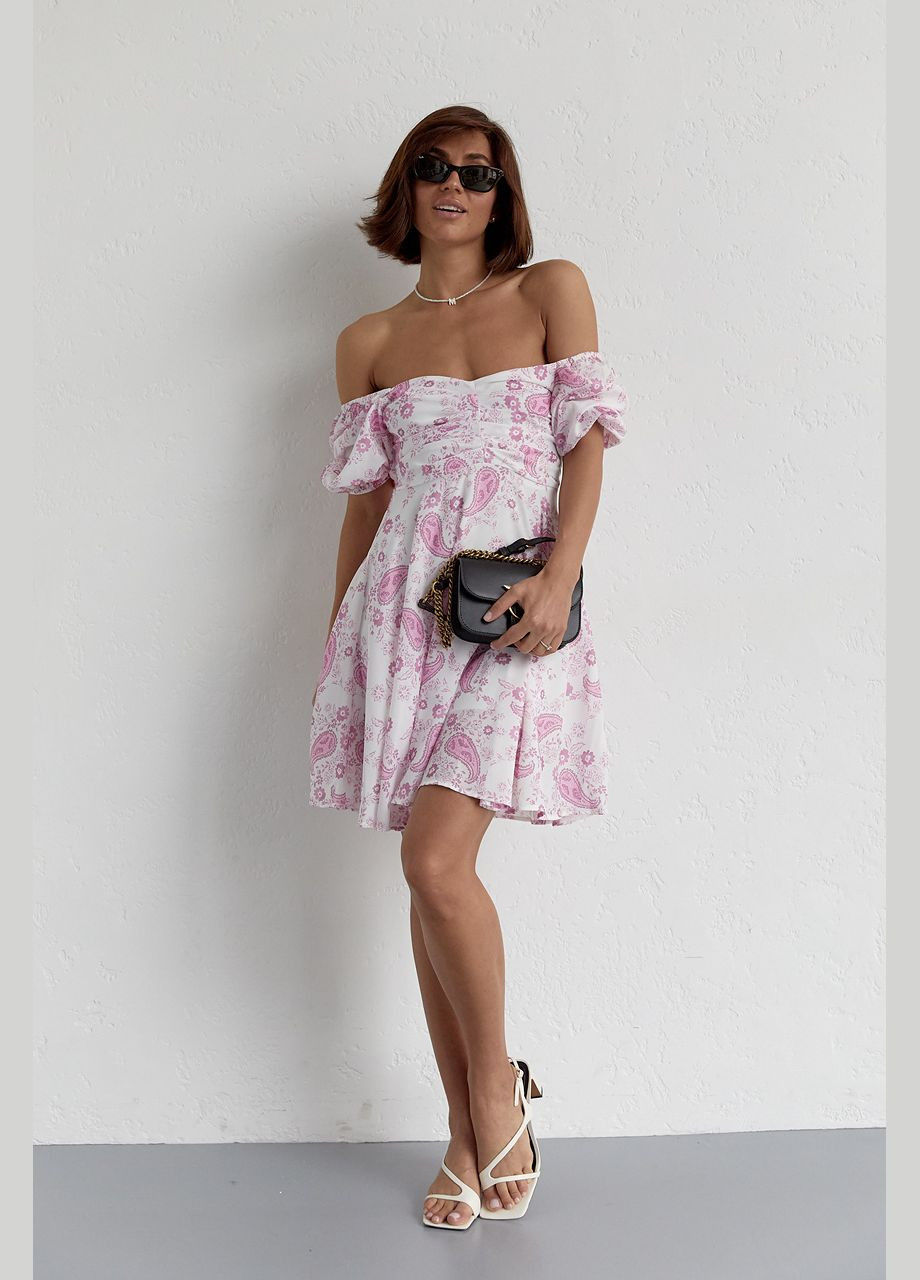 Лавандовое повседневный летнее платье мини с драпировкой спереди 23128 Lurex с цветочным принтом