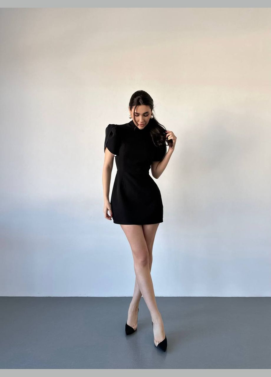 Чорна чорна коротка сукня з відкритою спиною та бантом, коротким рукавом – стильний та сексуальний вибір для вечірнього образу No Brand однотонна