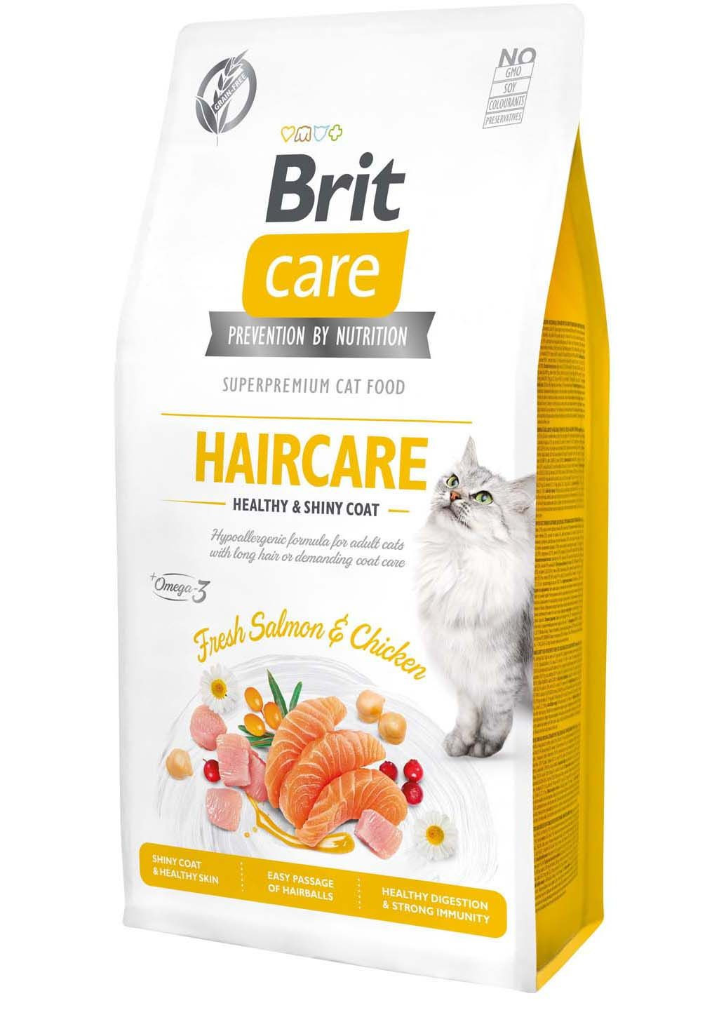 Сухой корм для кошек требующих ухода за кожей и шерстью Cat GF Haircare Healthy & Shiny Coat с лососем и курицей 7 кг Brit Care (286472527)