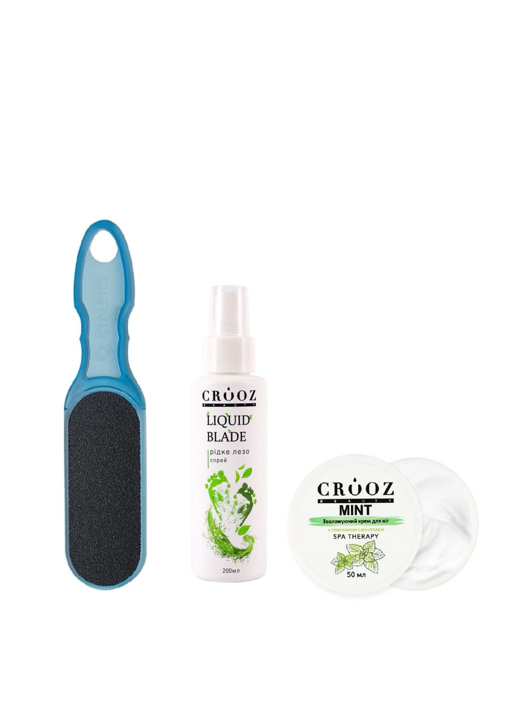 Набір для догляду за стопами: терка, рідке лезо Crooz, крем для ніг із сечовиною Staleks (315930942)