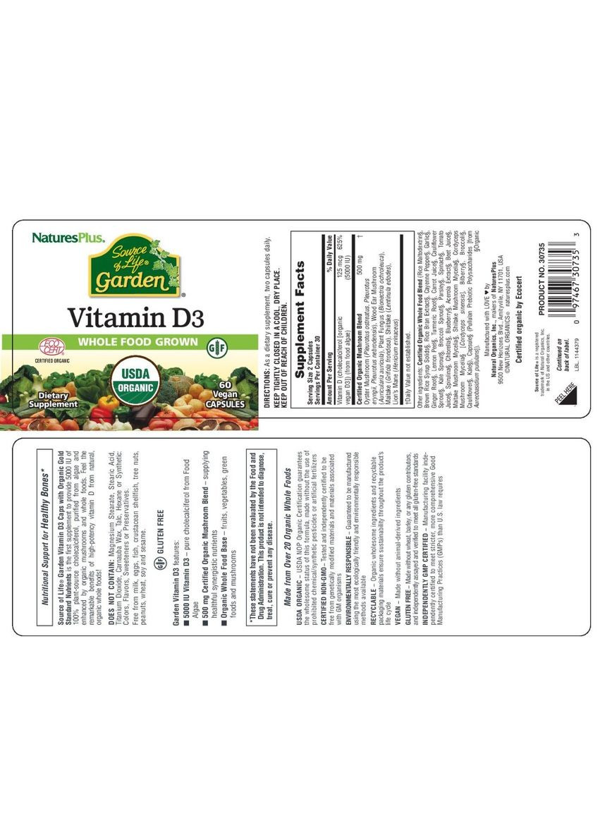 Органічний Вітамін D3 5000IU, Source of Life Garden,, 60 капсул Natures Plus (326054358)