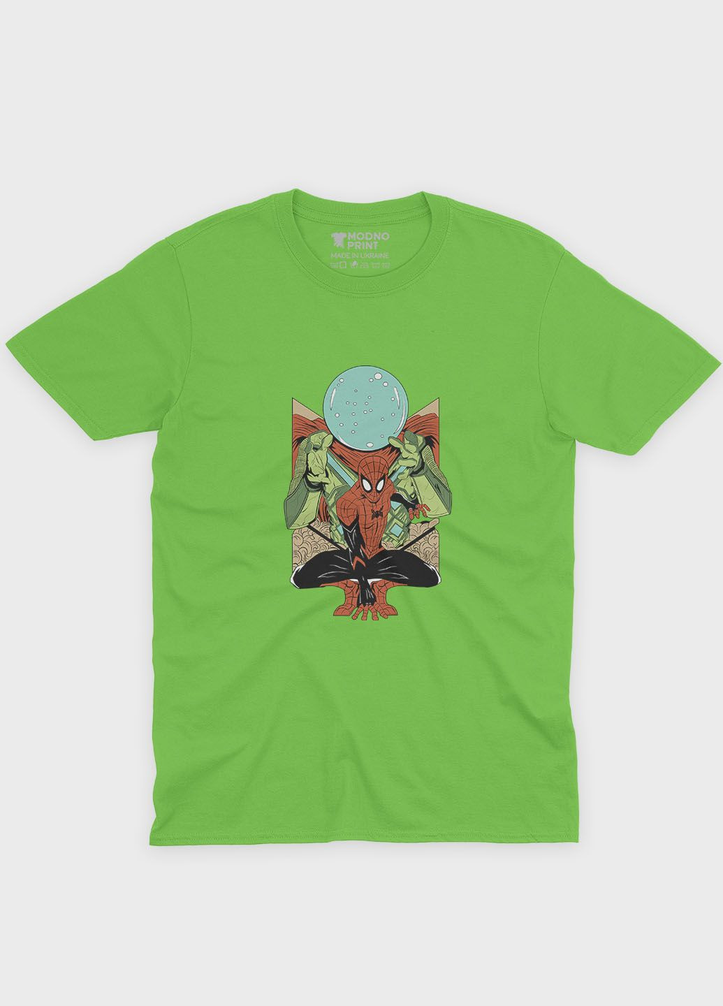 Салатова демісезонна футболка для хлопчика з принтом супергероя - людина-павук (ts001-1-kiw-006-014-020-b) Modno