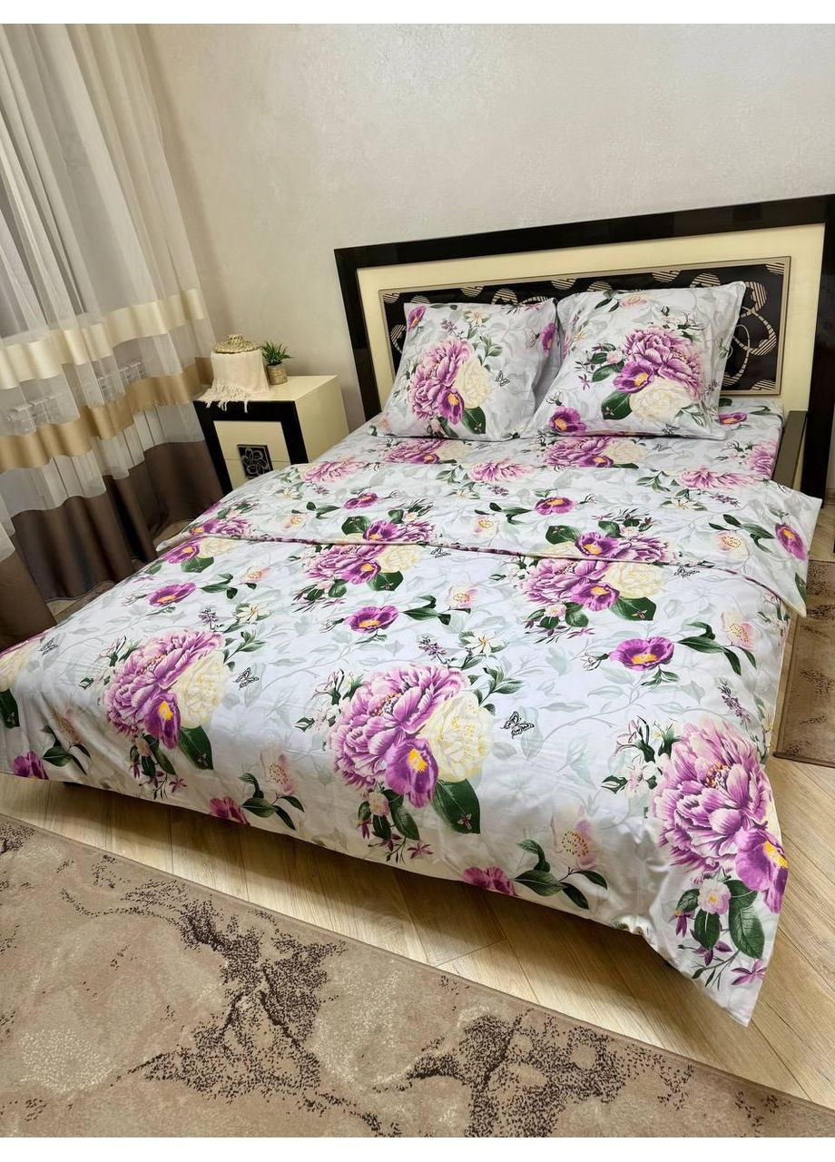 Постільна білизна бавовняна Півон корнелія Двоспальна Простирадло на гумці 180x200х20 Бязь Біла 70 х 70 No Brand (352201667)