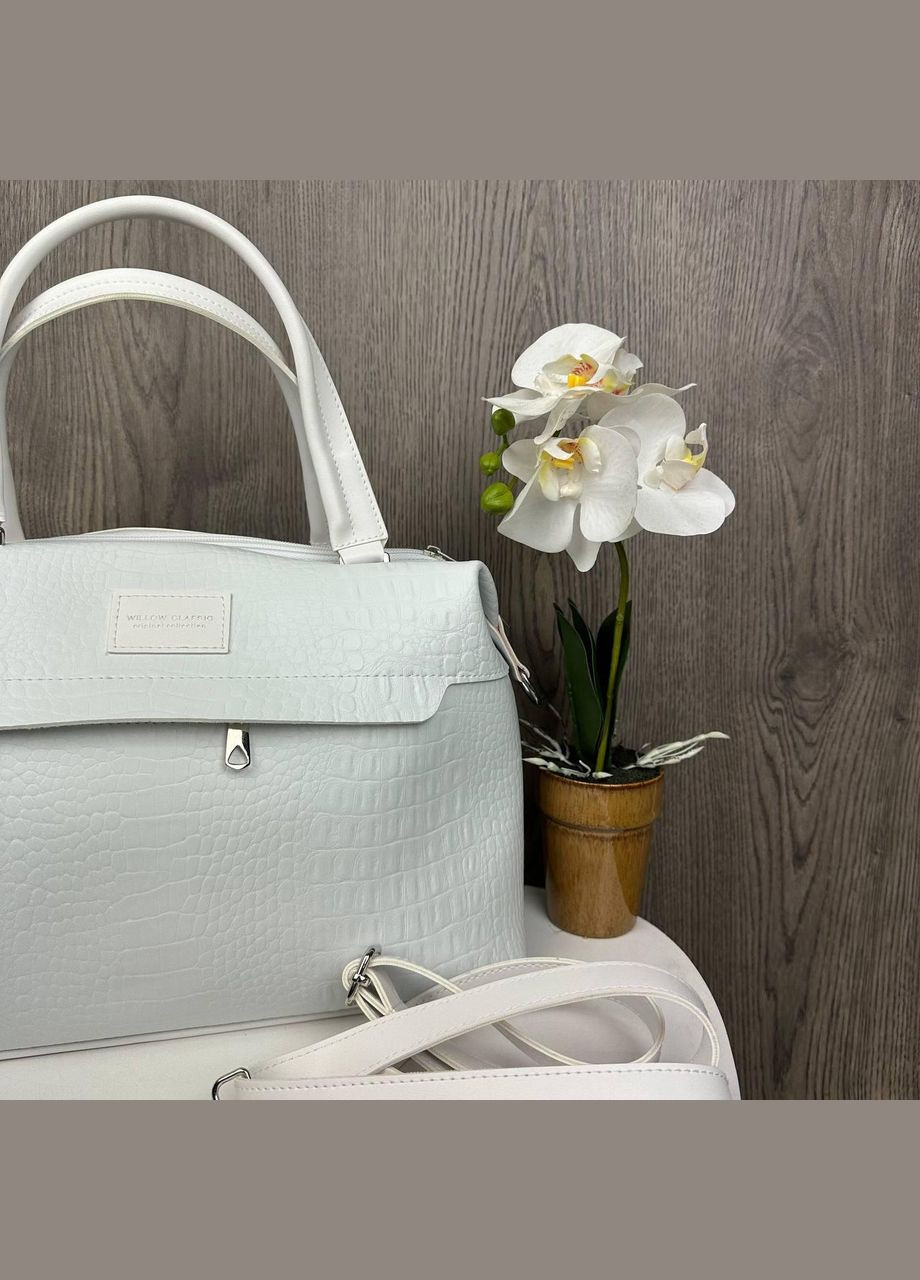 Большая сумка саквояж рептилия тиснение на плечо из экокожи белая (sku_1420Б) No Brand (330576195)