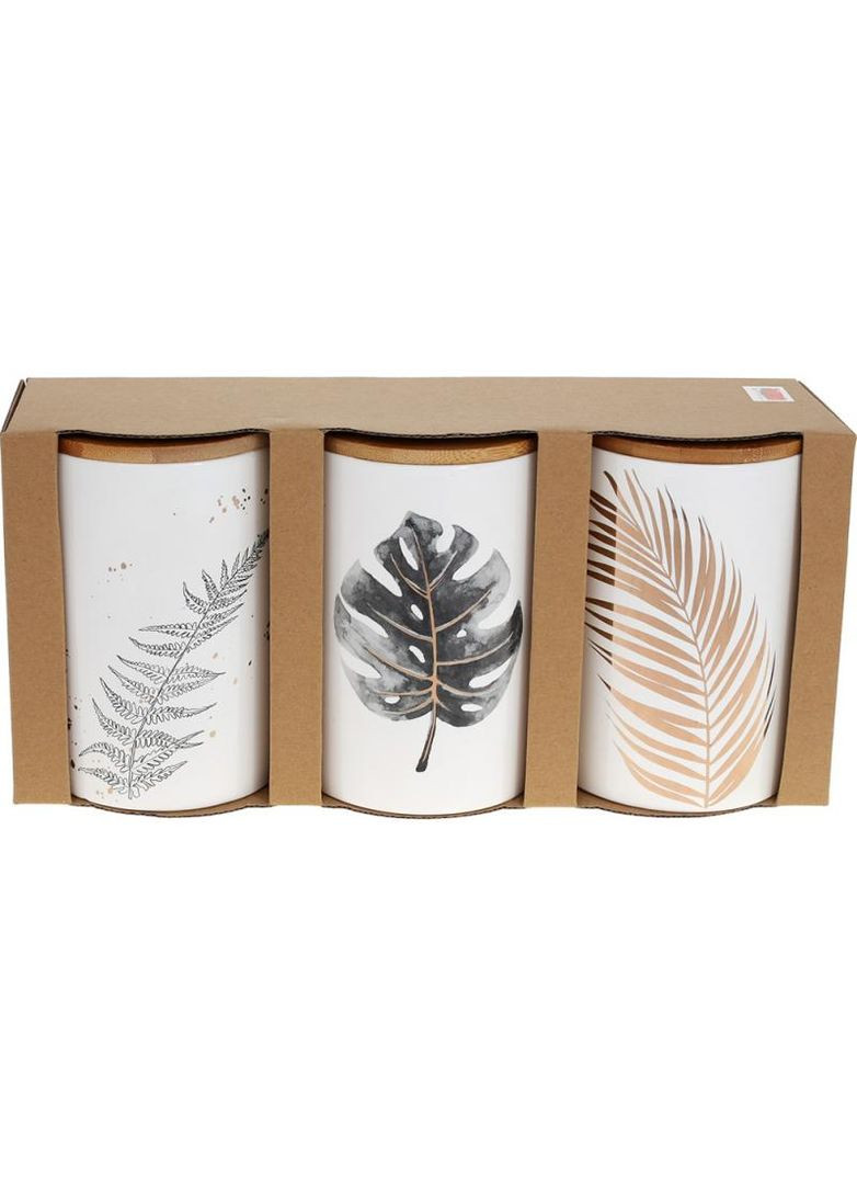 Набор 3 керамические банки "Гавайи" 650мл с бамбуковыми крышками, белый с золотом. Bona (372170749)