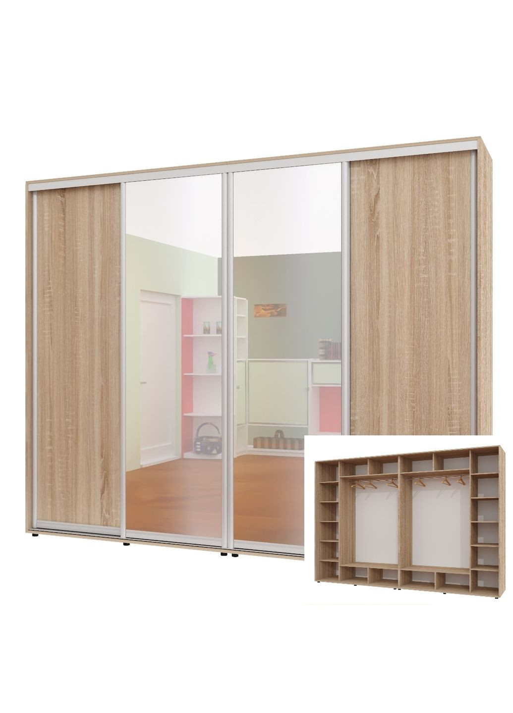 Шафа-купе чотиридверна 320*60*250 см Дуб Сонома 4 двері ДСП + Дзеркало + Дзеркало + ДСП ШК-02 Алекса (360474243)