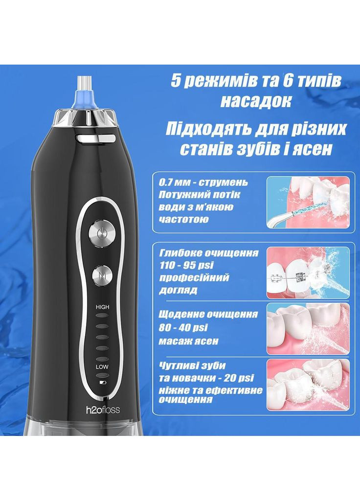 Портативний Іригатор для Зубів HF-6 Бездротовий Зубний Іригатор Порожнини Рота для брекетів та Носу з 8 насадками H2ofloss (369776231)