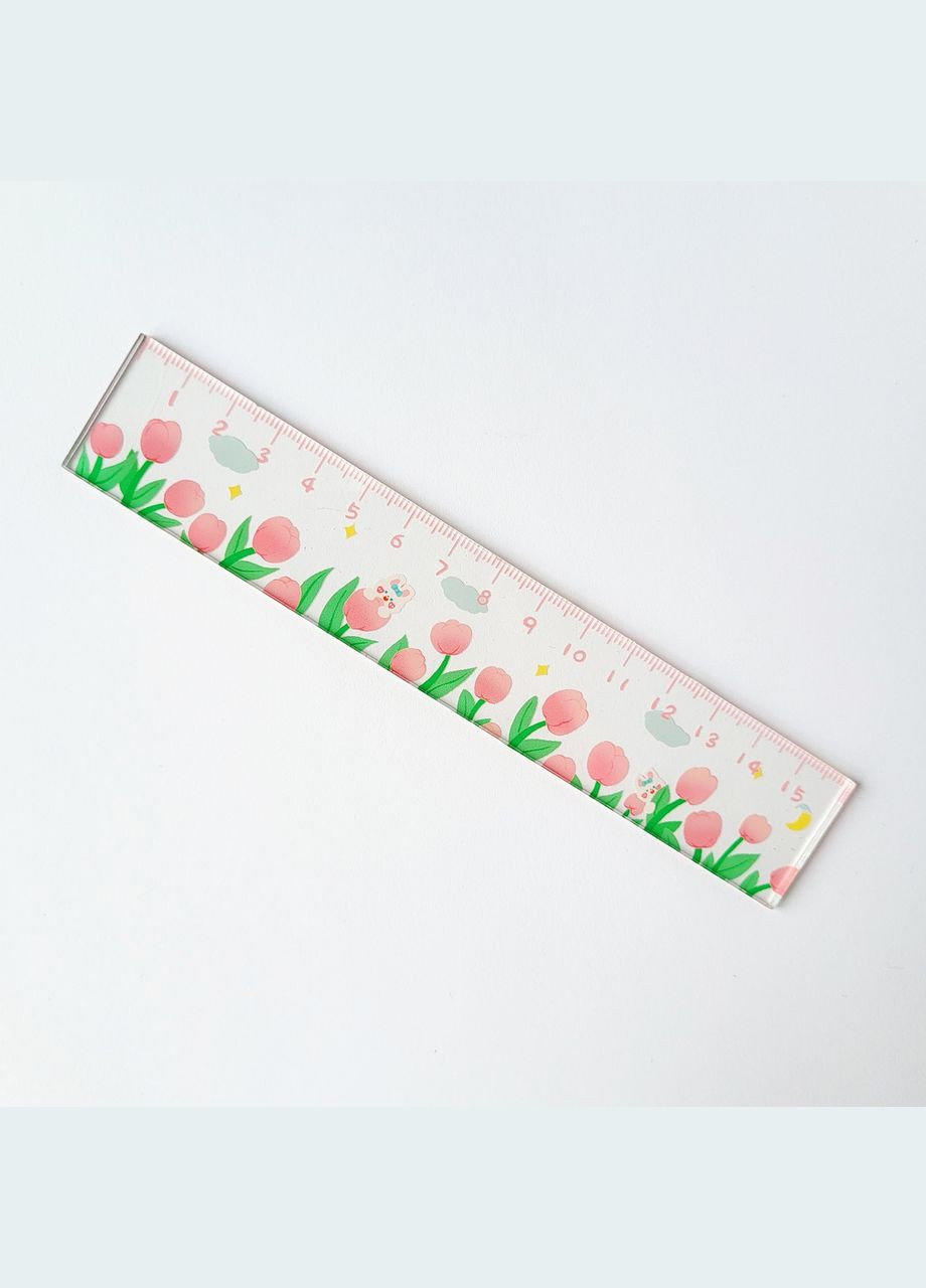 Линейка пластиковая в корейском стиле прозрачная 15 см с розовыми тюльпанами No Brand (322872693)