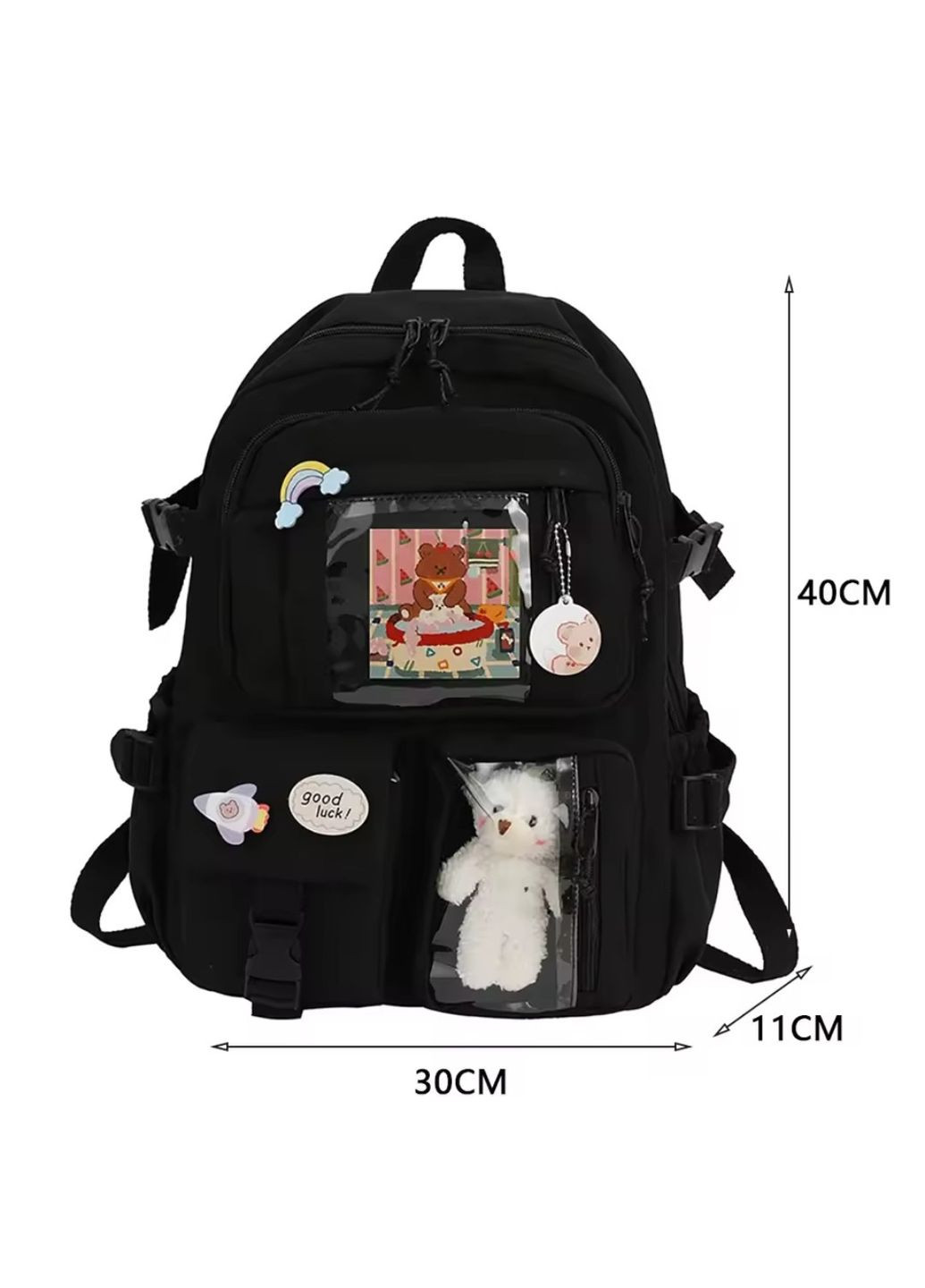 Рюкзак для студентів та підлітків з прозорими карманами,значками та м'якою іграшкою No Brand (366547291)