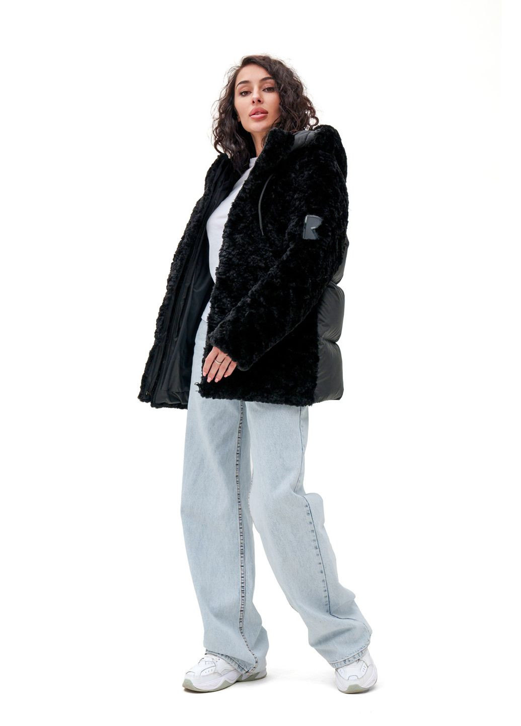 Черная зимняя пуховик скай удлинен.черный д.в.(барашек,плащ) Emass