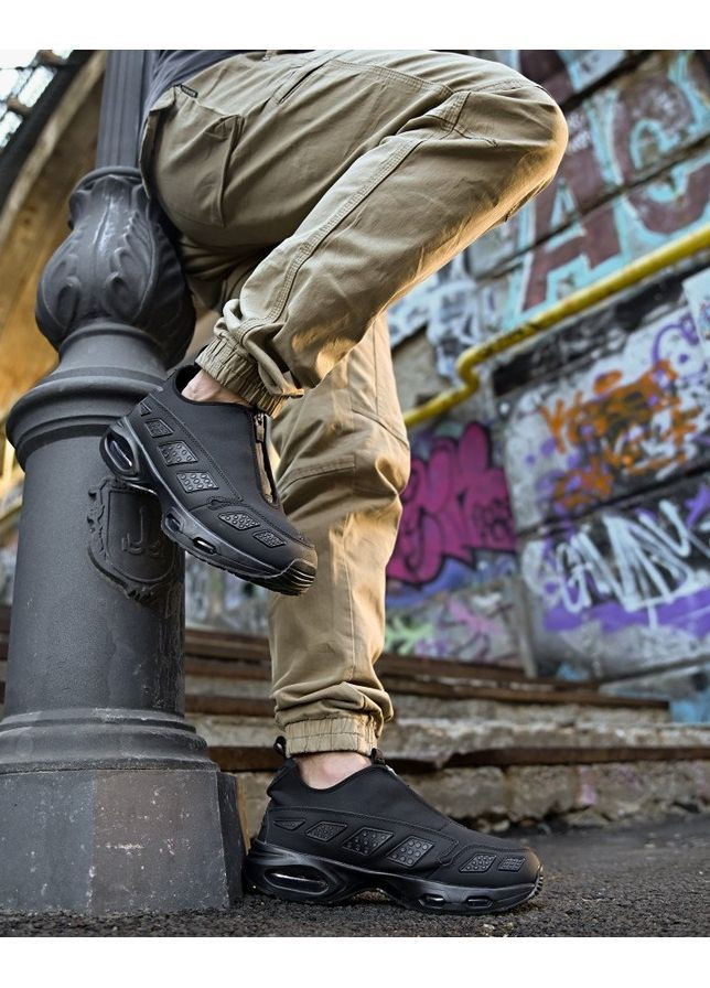 Чорні Осінні стильні чоловічі термо кросівки прихована шнурівка чорні No Brand