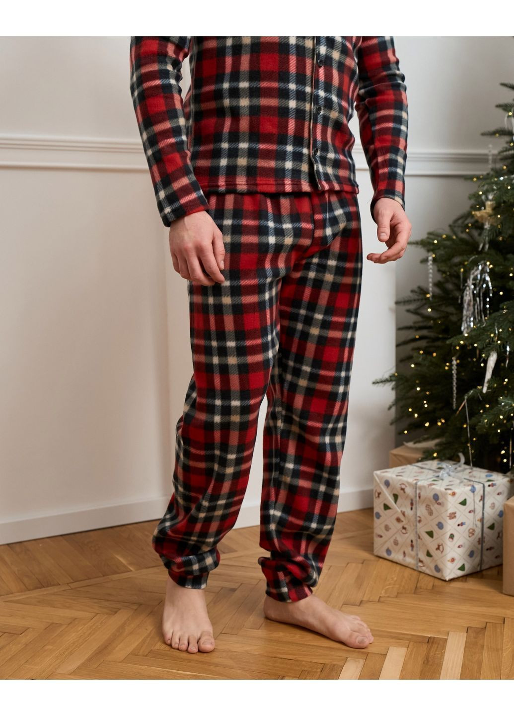 Піжама чоловіча тепла флісова на гудзиках в клітинку червона Tom John (370770004)