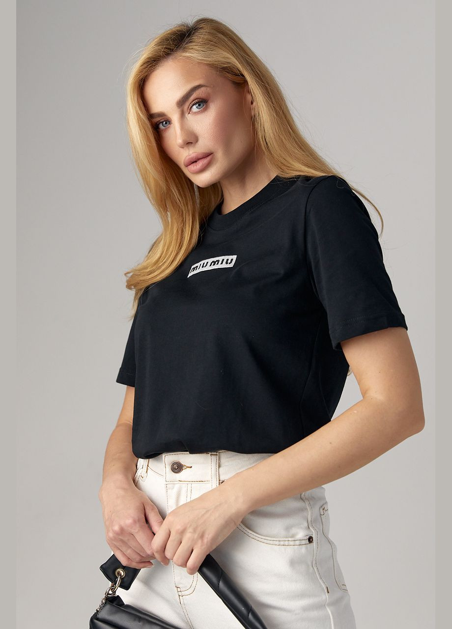 Черная летняя женская футболка с вышитой надписью miu miu - молочный Lurex