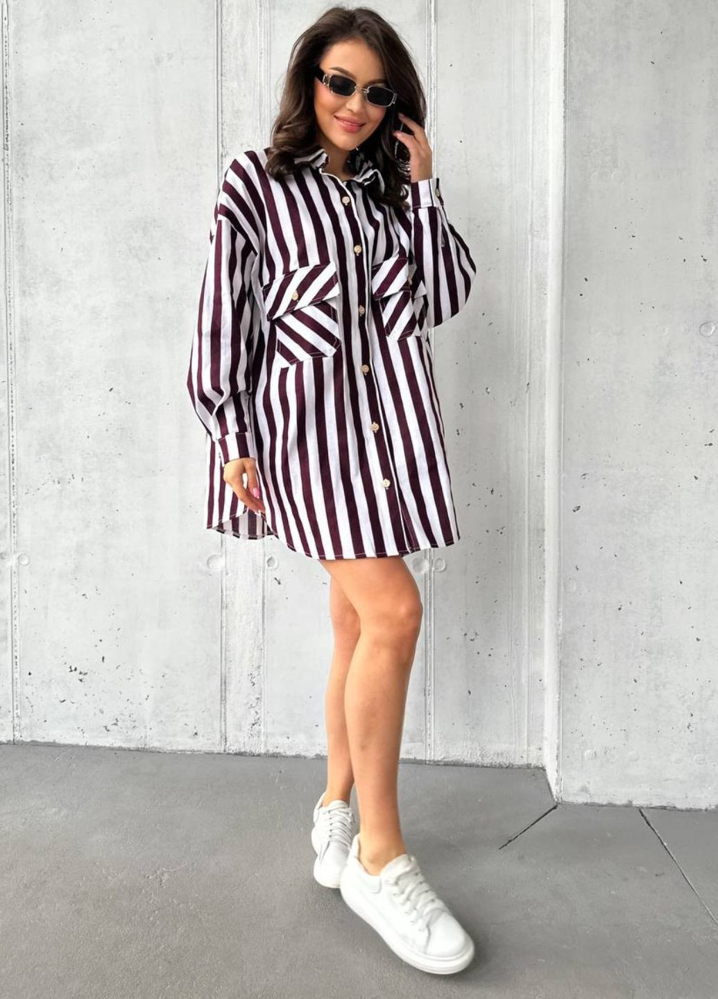 Бордовое повседневный платье-рубашка оверсайз с длинным рукавом рубашка Tik-Tak в полоску