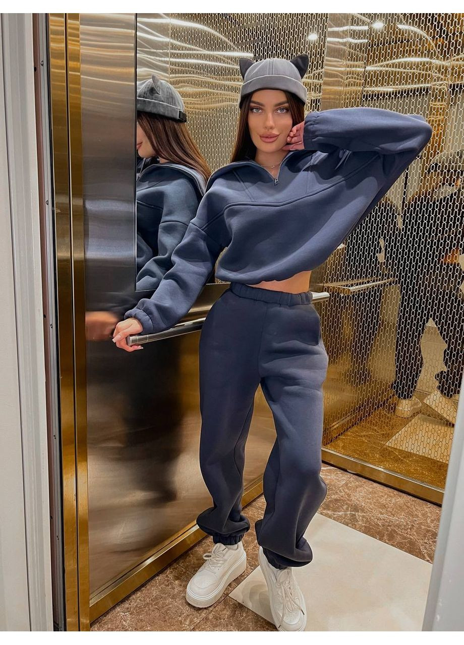 Женский теплый костюм с капюшоном графитового цвета 35437 Fashion (364989399)