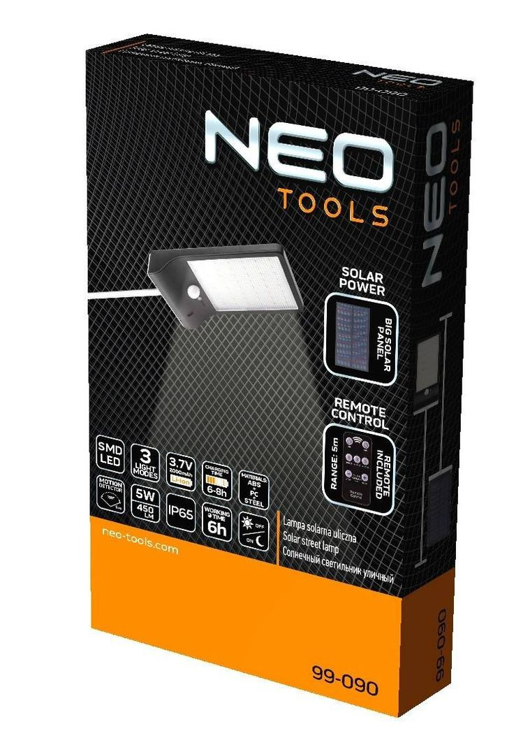 Светильник аккумуляторный 2000мАч, 450лм, 5Вт, питание от солнечного света, датчик движения, сумерек Neo Tools (315518344)