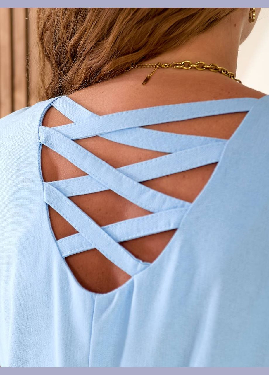 Голубое повседневный, праздничный, коктейльное, вечернее женское платье меди из льна. Avanti однотонное