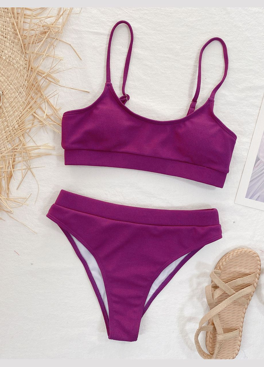 Фіолетовий літній жіночий роздільний купальний в рубчик із завищеною талією No Brand