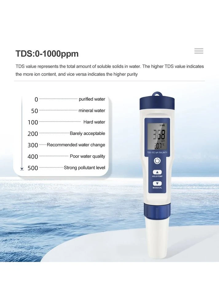 Комбинированный цифровой 5-в-1 тестер pH/TDS/EC/Salinity/Temperature EZ-9909 с подсветкой и влагозащитой IP67 Yieryi (351391563)