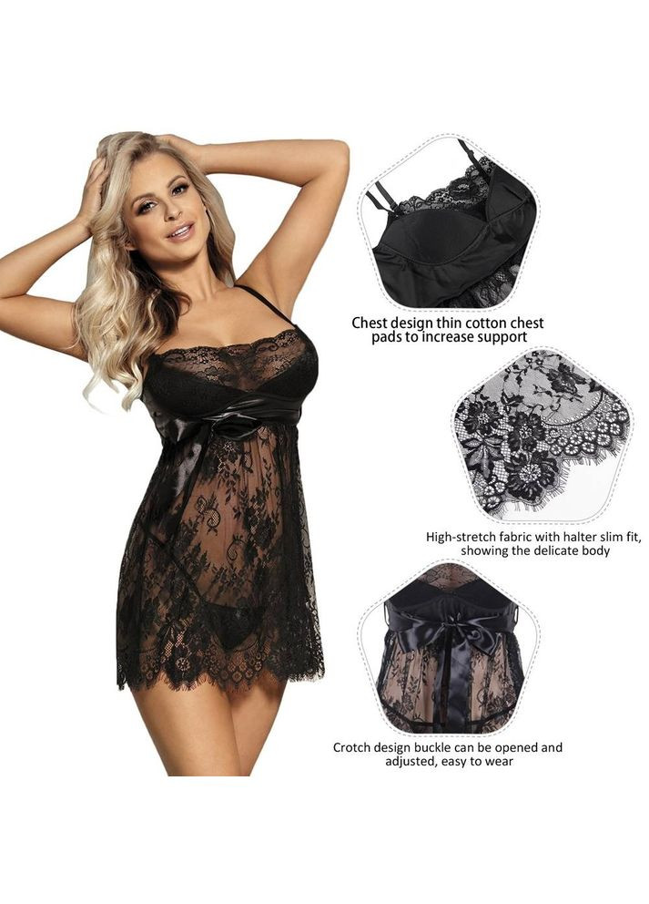 Черный демисезонный пеньюар кружевной с поясом и стринги Star Night