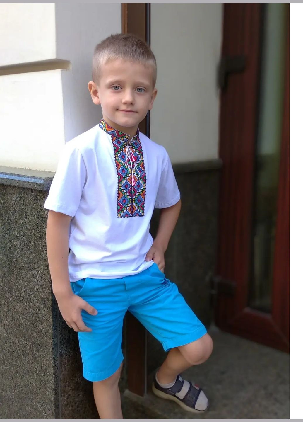 Белая вышиванка детская на мальчика узор орнамент трикотаж (298690307)