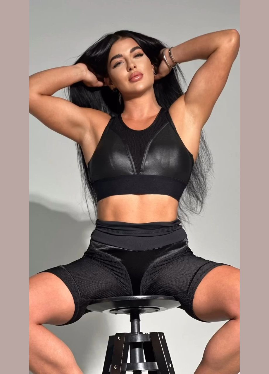 Спортивний костюм двійка (топ та велосипедки) з еластичної сіточки та ефектом пуш-ап, чорного кольору, розмір S Trends (330756994)