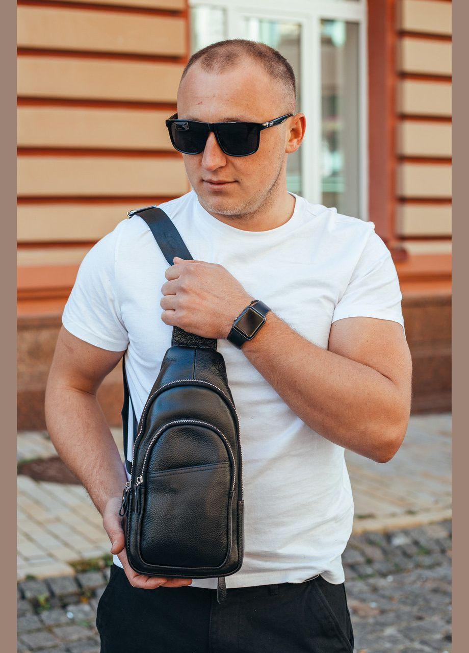 Сумка-слинг мужская черная через плечо из натуральной кожи с двумя основными отделениями Tiding Bag (298566535)