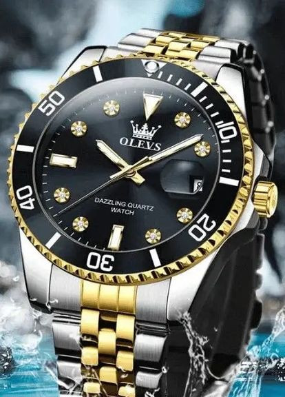 Годинник чоловічий 9809 Black Accents кварцовий стильний із золотими вставками Olevs (354820472)