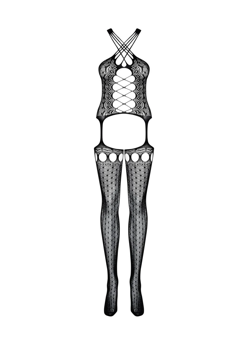 Бодистокинг Bodystocking G313 шнуровка, геометрический декор black - CherryLove Obsessive чёрный нейлон, эластан