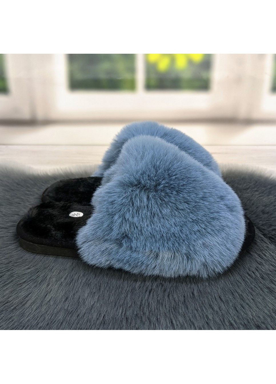 Синие тапочки меховые женские с открытым носком Fashion