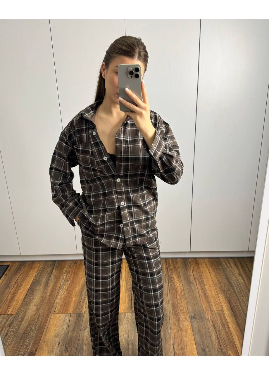 Коричневая всесезон пижама из фланели — замеры в описании рубашка + брюки GD/GL Модний простір