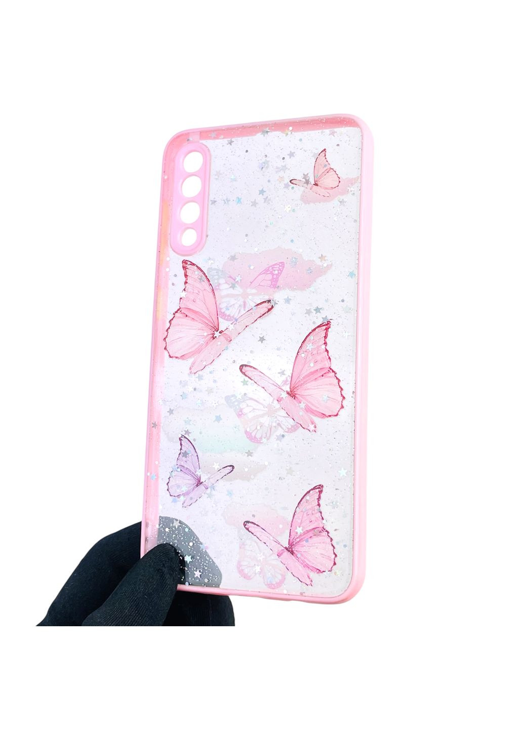 Чохол для Galaxy A30s (SM-A307F) з блискітками з метеликами на самсунг а30с рожевий Samsung (366387312)
